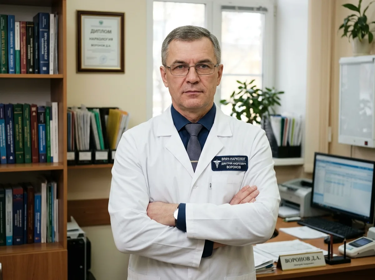 Врач-нарколог Дмитрий Андреевич Воронов, портрет в белом халате, строгий профессиональный вид